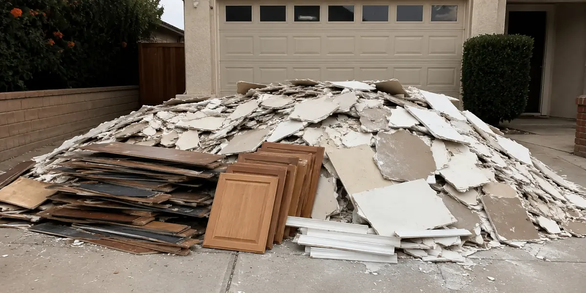 Drywall, flooring, cabinet doors and trim staged for construction debris removal in Brea CA