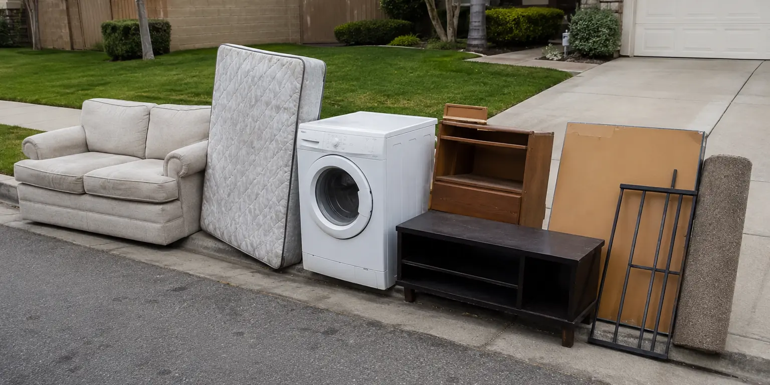 Household items staged at a Brea curb for curbside junk pickup