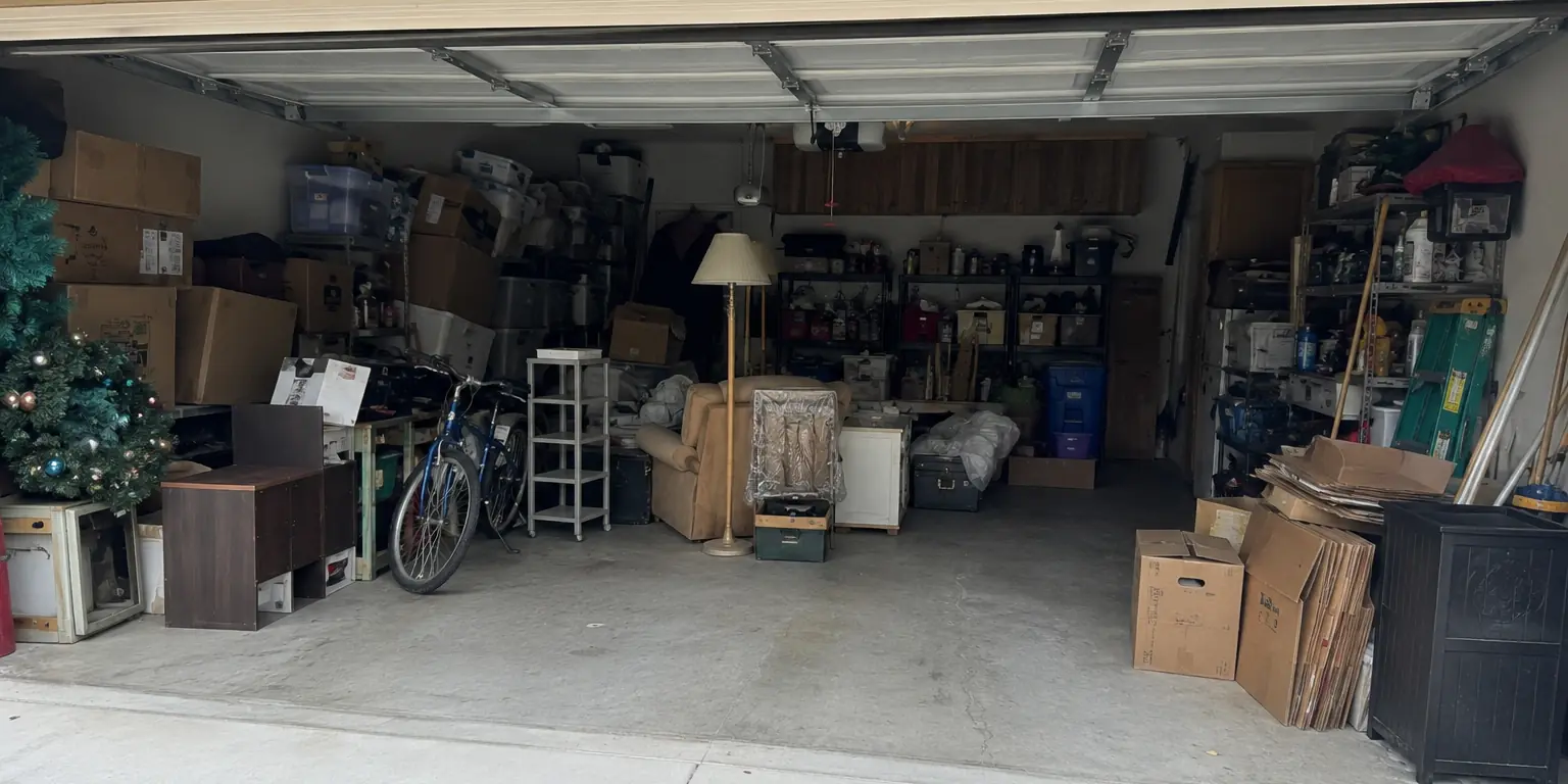 Cluttered Brea garage before a residential cleanout