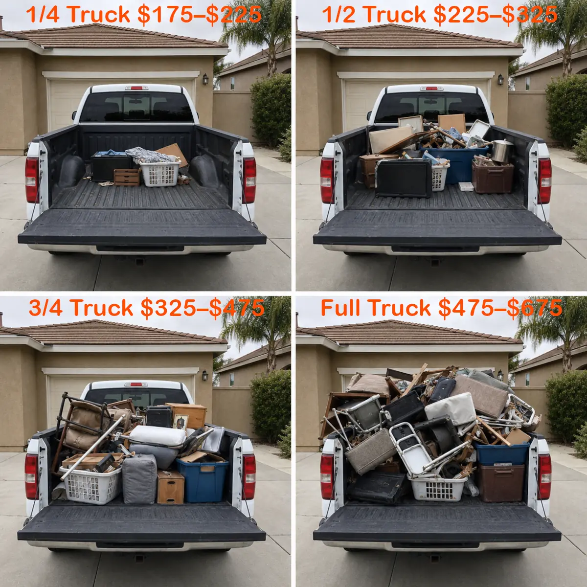 Junk removal truck load sizes and prices in Brea CA — quarter, half, three-quarter and full loads