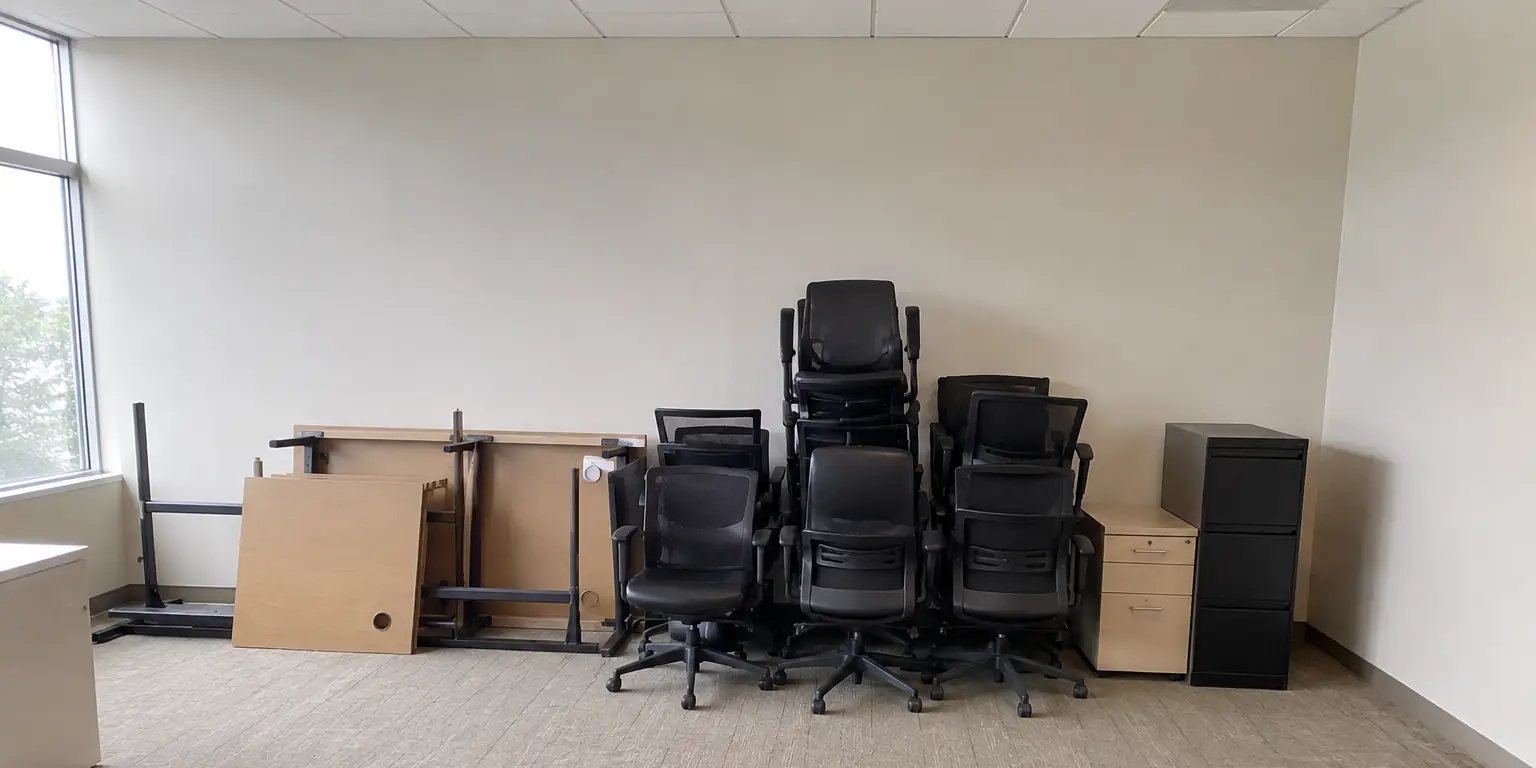 Office desks and chairs stacked for a commercial cleanout in Brea